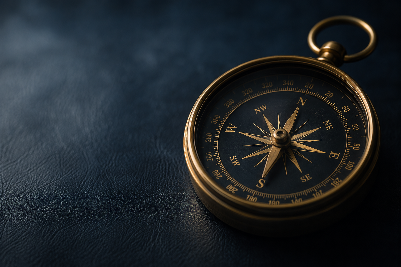 Antique brass compass on dark leather surface