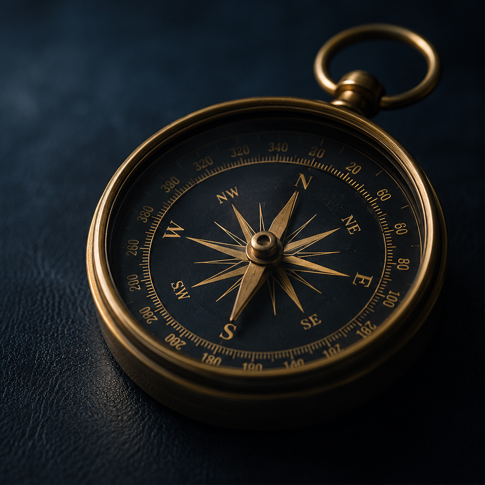 Antique brass compass beside dark fabric